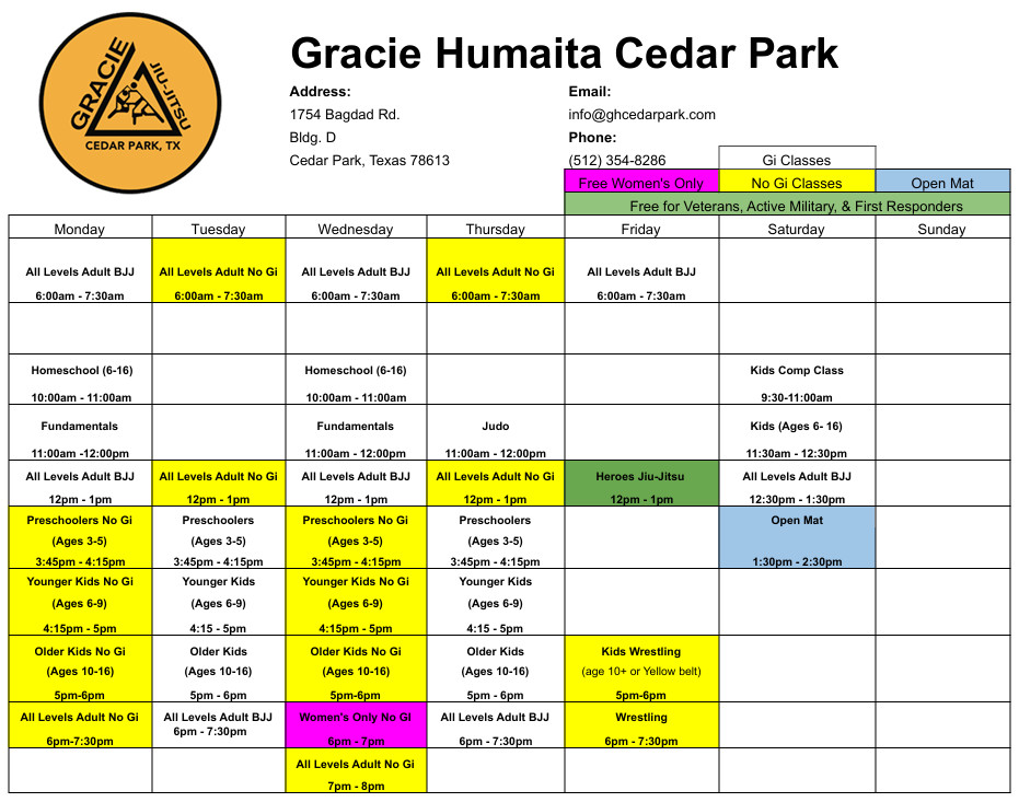 Class Schedule for Gracie Cedar Park